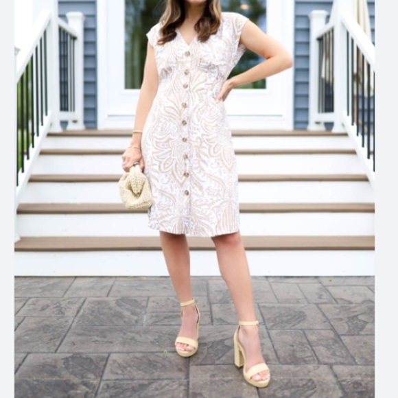 LOFT Tan Paisley Linen Blend Buttoned Sheath Midi Dress Size 12 Petite - Picture 1 of 5